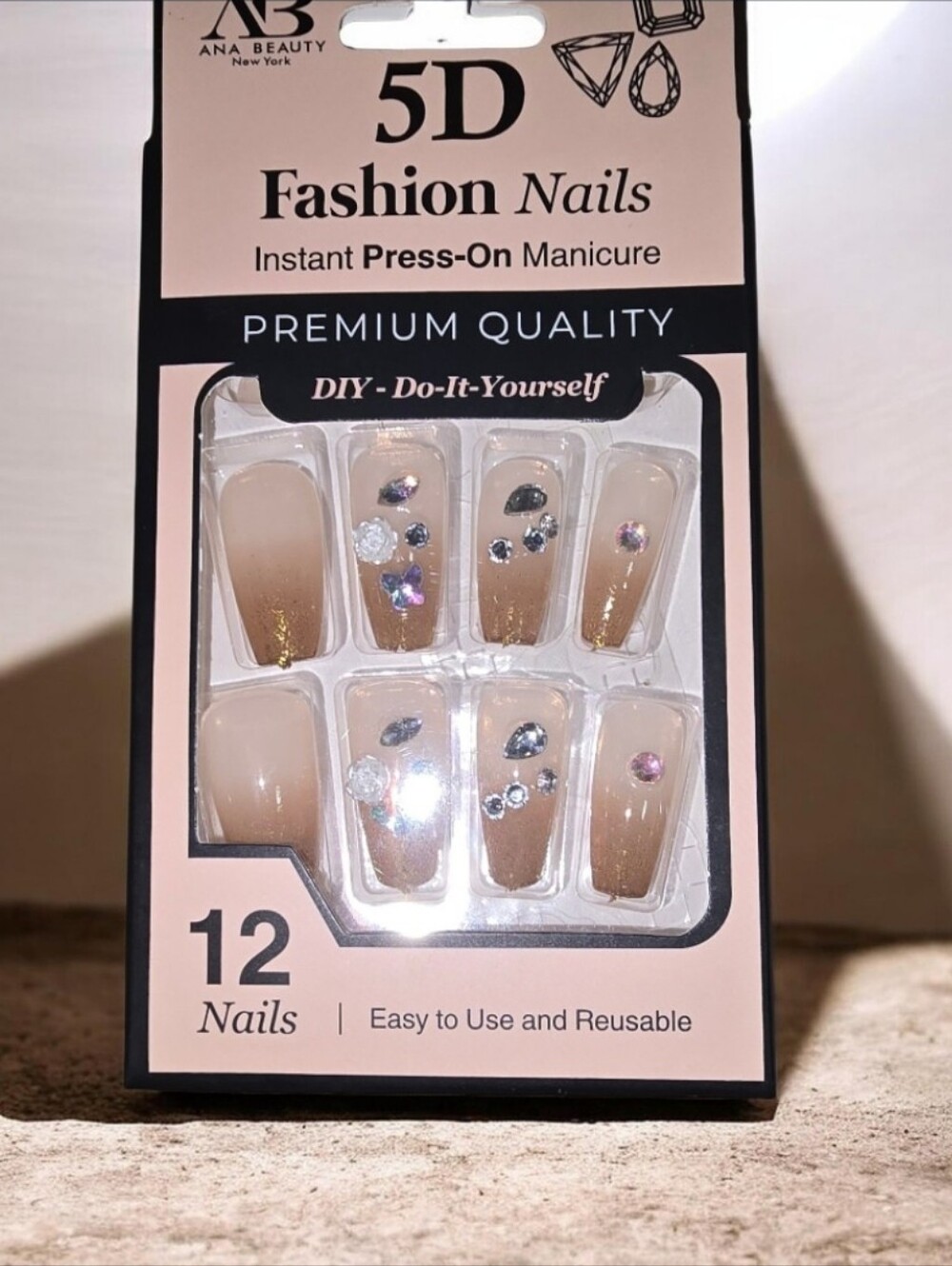 #1 5D Fashion Press-On Nails - Beige with Rhinestones
